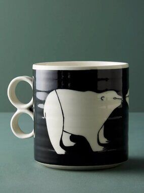 Anthropologie Keep Co Polar Bear Black Double Handled Hand Painted Stoneware Mug